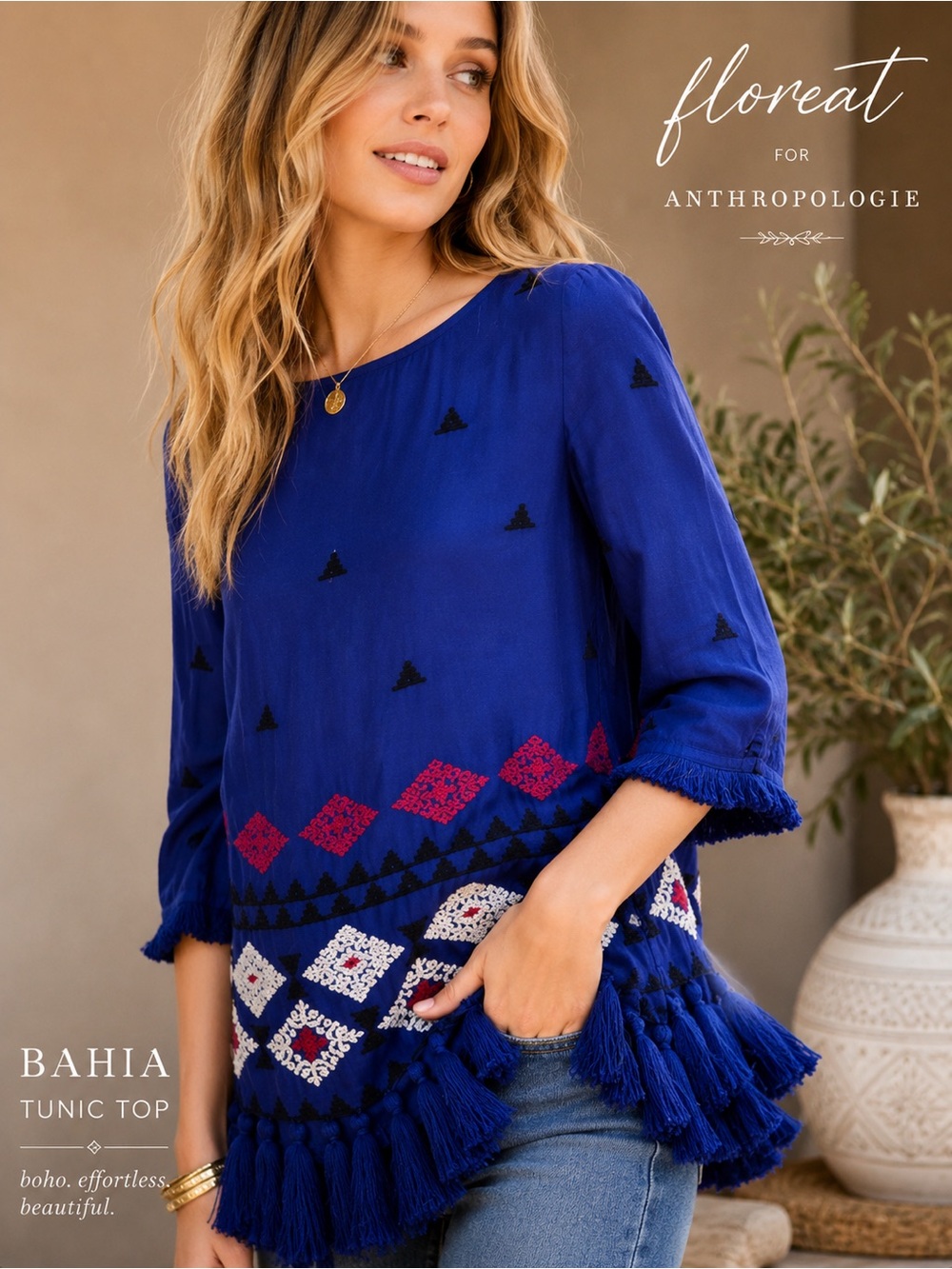 Anthropologie Floreat Bahia Embroidered Tassel Tunic Top Blue Boho Size 2